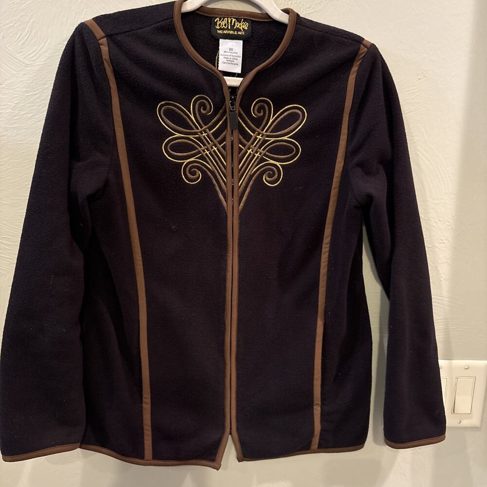 Vintage Bob Mackie Wearable Art Fleece‎ Jacket Size XS Black Brown Embroidered